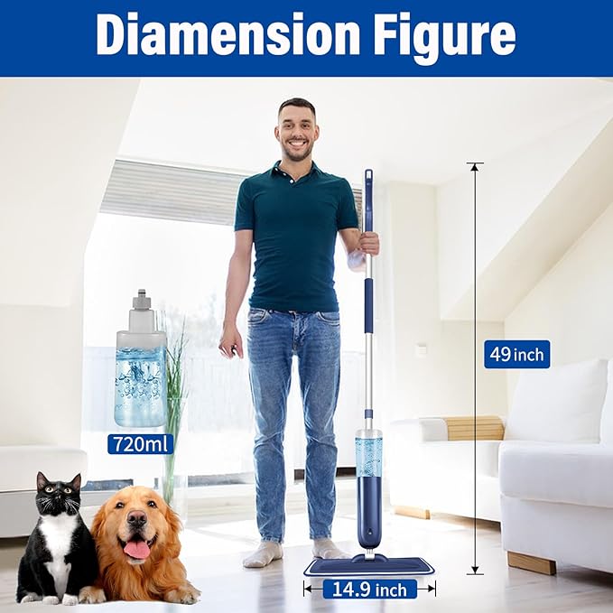 Power Mop for Floor Cleaning with 3 Washable Pads - Wet Dry Microfiber Mop with 720 ml Refillable Bottle for Kitchen Wood Floor Hardwood Laminate Ceramic Tiles Floors Dust Cleaning