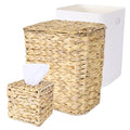 Wicker Trash Can and Handwoven Tissue Box Cover Set Rattan Waste Basket with Lid and Liner Boho Decorative Water Hyacinth Square Napkin Box Holder for Bathroom Bedroom Kitchen Living Room
