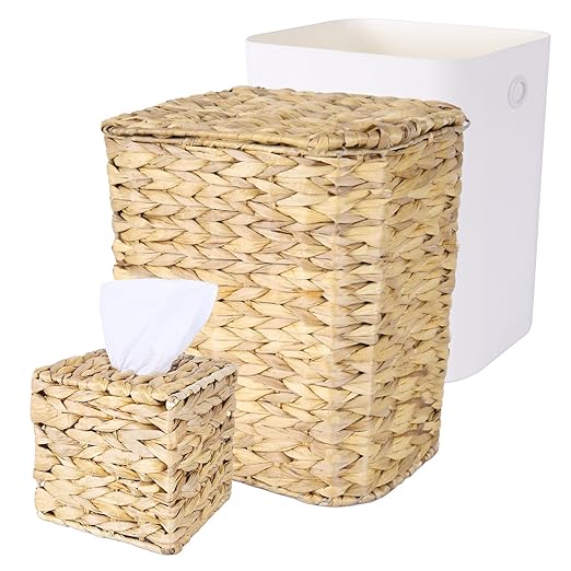 Wicker Trash Can and Handwoven Tissue Box Cover Set Rattan Waste Basket with Lid and Liner Boho Decorative Water Hyacinth Square Napkin Box Holder for Bathroom Bedroom Kitchen Living Room
