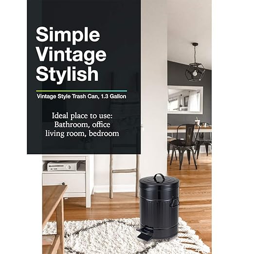 Bathroom Trash Can with Lid Small Waste Basket for Home Bedroom Retro Step Garbage Can with Soft Close Vintage Office Trash Can 5 Liter/ 1.3 Gallon Glossy Black