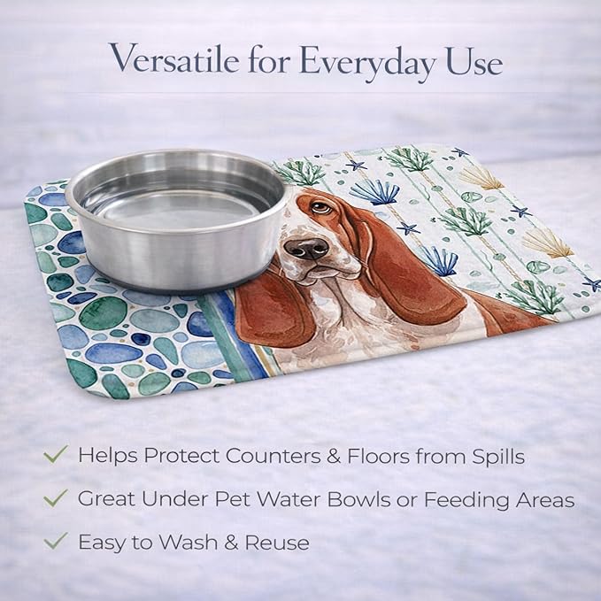 Caroline's Treasures Red and White Basset Hound Coastal Sea Glass Dish Drying Mat Absorbent Dish Drying Mat Pad for Kitchen Counter Dish Drainer Mat for Countertop 14 x 21 Multicolor
