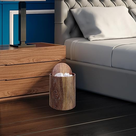 TIDTALEO Imitation Wood Grain Trash Can with Swing Lid 12L Double-Layer Round Wastebasket for Home Office Bathroom Kitchen Convenient Garbage Bucket