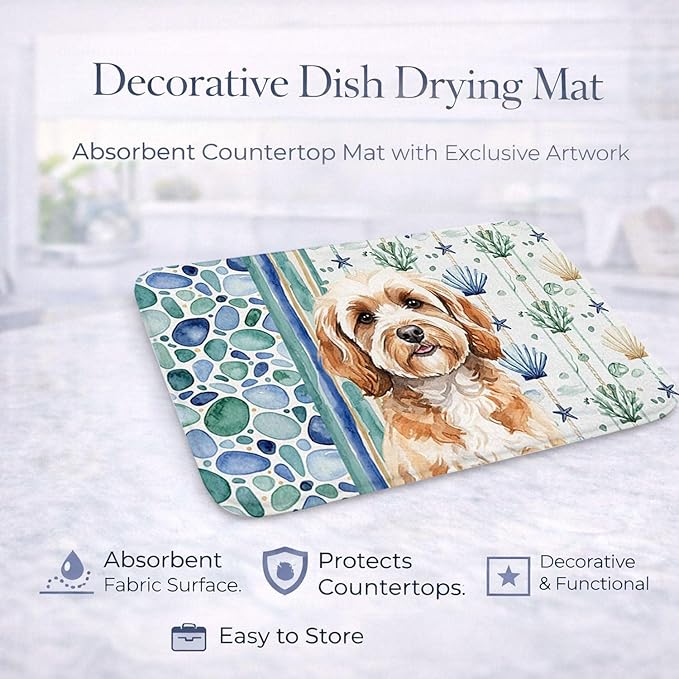 Caroline's Treasures Cavapoo Coastal Sea Glass Dish Drying Mat Absorbent Dish Drying Mat Pad for Kitchen Counter Dish Drainer Mat for Countertop 14 x 21 Multicolor