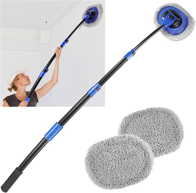 Wall Cleaner Mop Washer Mops with Long Handle for Cleaning Walls Baseboard Window High Cabinet Ceiling Floor 15°Bend Labor-Saving Microfiber Dry Dust and Wet Wash Cleaning Mop with Replacement Pad