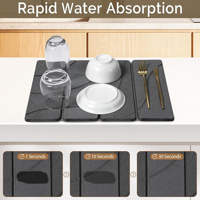Small Stone Dish Drying Mat for Kitchen Counter 2 PCS 16×12 &amp 8x4 Quick Dry Stone Mats Foldable Water Absorbing Diatomite Drying Dish Pad for Countertop Bottles Utensils Cups(Carved Gray)