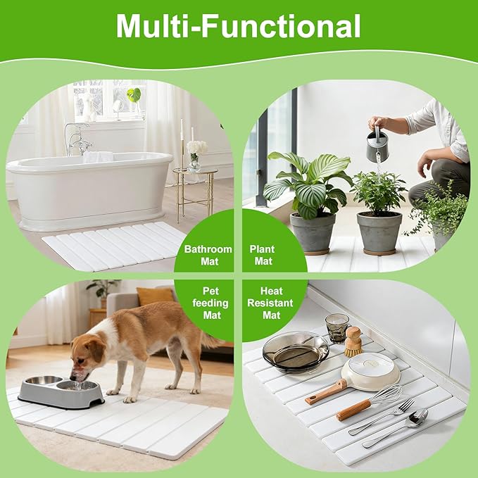 Stone Dish Drying Mat for Kitchen Counter Diatomaceous Earth Water Absorbing Mat Foldable and Super Absorbent Dish Drying Stone Mat for Dishes Bottles Cups Match Any Countertop -White