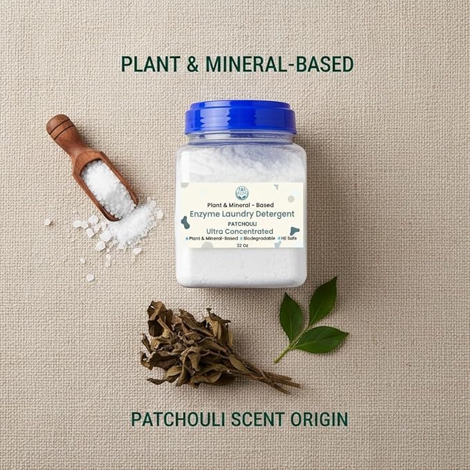Ultra-Concentrated Enzyme Laundry Detergent - Patchouli | Plant &amp Mineral-Based Stain Remover Odor Eliminator | Safe for Sensitive Skin Biodegradable HE Compatible | 32 oz