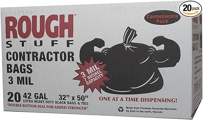 Heavy Duty Professional Quality Contractor Trash Bag 42 Gallon Capacity 50 Length X 32 Width X 3 Mil Thick 7 Bushel Capacity Black (Case of 20)