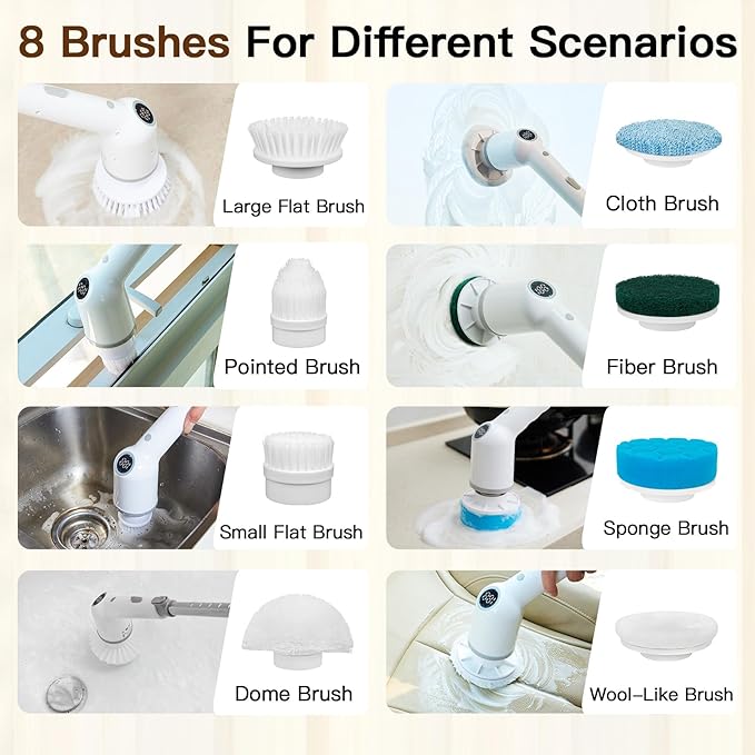 Electric Spin Scrubber: Cordless Shower Scrubber with 8 Replaceable Brush Heads- 3 Adjustable Speeds- Adjustable Extension Handles- Power Cleaning Brush for Bathroom- Floor- Tile