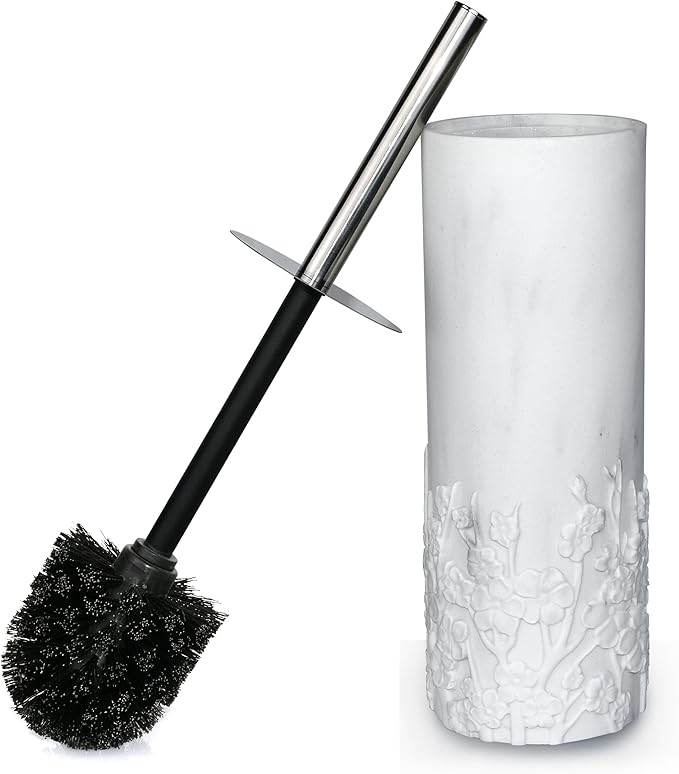 Marble Cherry Blossom Design Resin Toilet Brush and Holder Set for Bathroom Stylish Design with Durable Bristles and Compact Storage