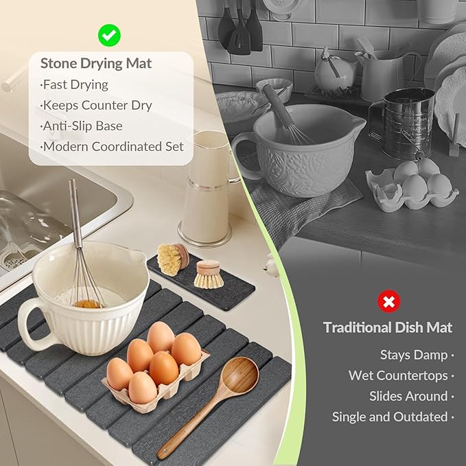 Large Stone Dish Drying Mat for Kitchen Counter 24x16&amp8x4 Foldable Fast-Drying Diatomaceous Earth Dish Mat 2PCS Eco-Friendly Water Absorbent Pads Set for Kitchen Bathroom Gray