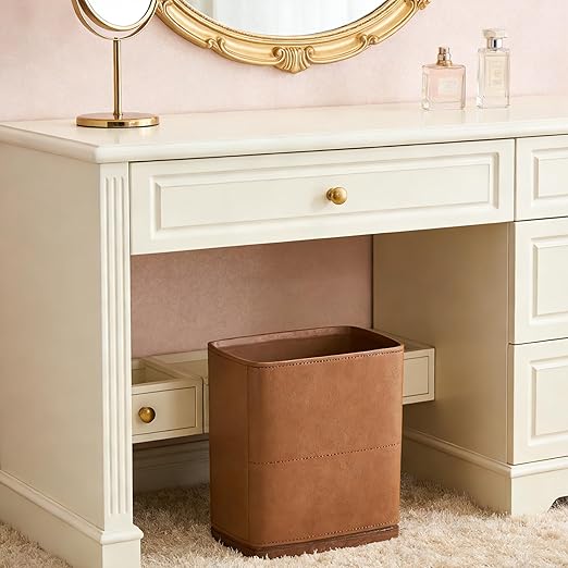 Polytree Bathroom Trash Can 1.8 Gallon(7 Liter) Small Kitchen Garbage CanDecor Wastebasket for Bedroom OfficeBrown （Resin-Imitated Leather Effect）