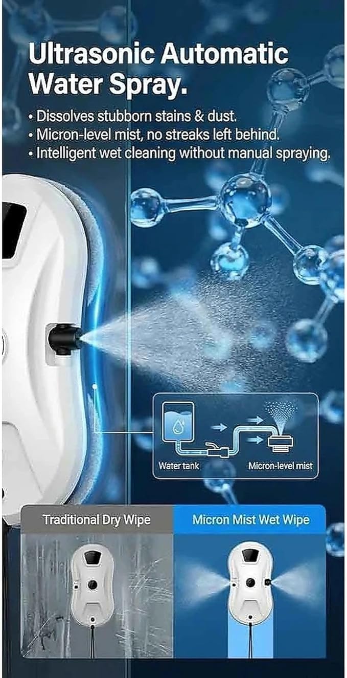Robot Window Cleaner 5600Pa Intelligent Automatic Window Cleaning Robot for High-Rise &amp Hard-to-Reach Glass Ultrasonic Auto Water Spray for Streak-Free Shine Smart Edge Detection Remote Contro