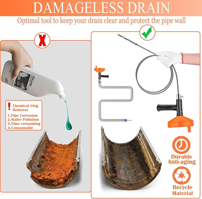 Drain Snake Auger（33 Feet） Plumbing Snake Drain Hair Clog Removal Tool Heavy Duty Snake Auger Sink Unclogger Drain Cleaner Tool for Bathroom Kitchen Tub Shower Drain Clog Remover with Gloves