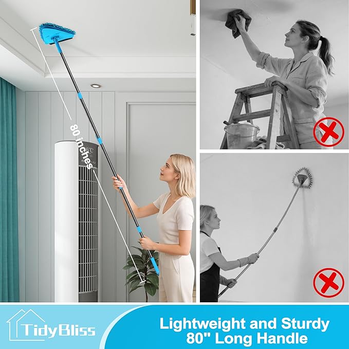 Wall Mop Cleaner with Long Handle 80” Ceiling Duster Scrubber with 360° Swivel Collapsible Head Baseboard Cleaning Tool with 4 Chenille and 2 Microfiber Pads for Windows Floor (Blue)