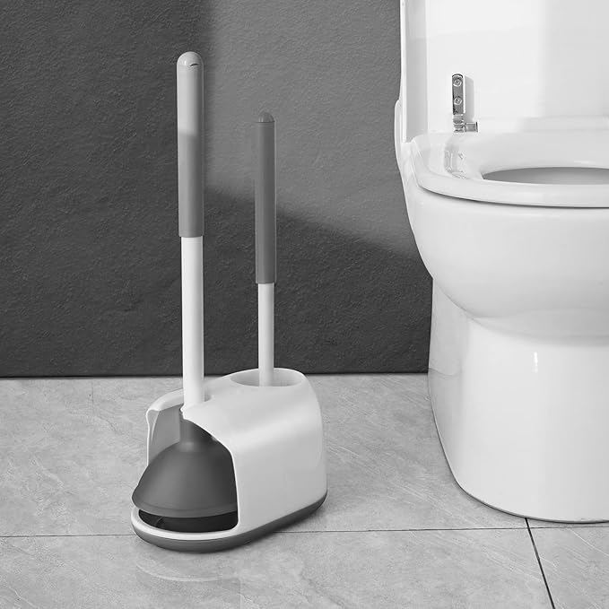 Eyliden Toilet Plunger and Brush 2 in 1 Toilet Bowl Brush Plunger Set with Holder Bathroom Cleaning Tools Combo with Caddy Stand Nylon Bristles Shatter-Resistant Plastic White