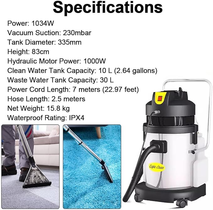 Commercial Carpet Cleaning MachinePortable Wet Dry VacuumCleans Approximately 2 Square Meters per Minutefor Deep Cleaning Carpets Sofa Area RugsIncludes 6 Attachments &amp Long Hose 30L