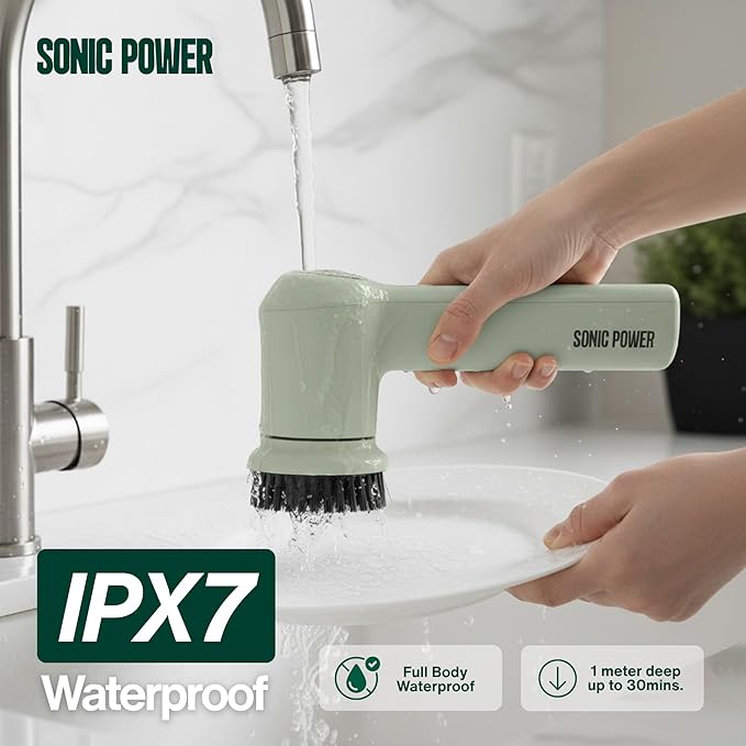 Electric Spin Scrubber – Handheld &amp Ergonomic IPX7 Waterproof 4 Multi-Purpose Brush Heads Long-Lasting Rechargeable Battery – Cleans Dishes Bathroom Tile Grout &amp Kitchen (Sage)