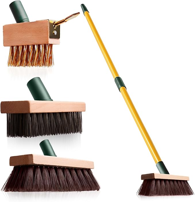 3-in-1 Wire Broom &amp Garden Brush Set – Adjustable 81-140cm Telescopic Handle with Nylon Wire and Gap Brushes for Weeding Moss &amp Algae Removal Patio Cleaning Outdoor Scrubbing