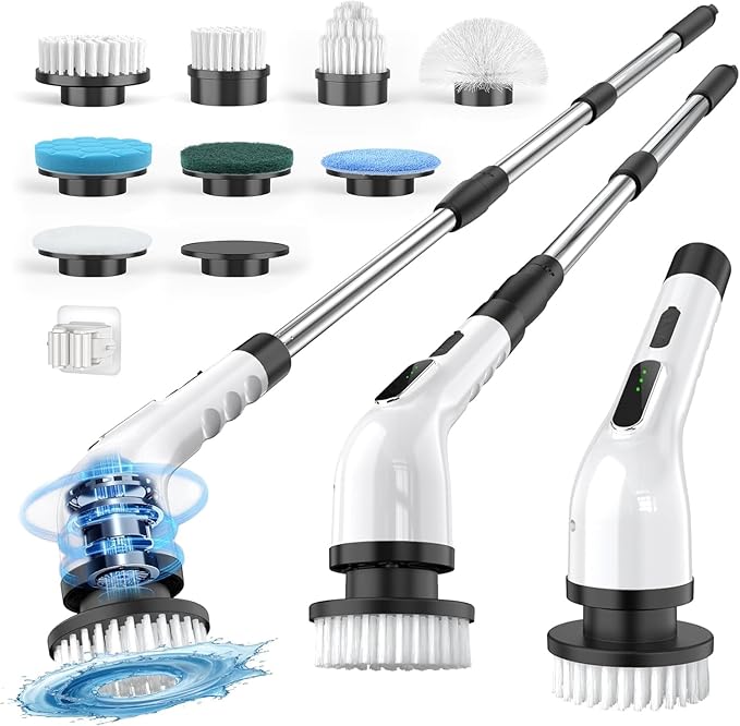 Electric Spin Scrubber for Cleaning Bathroom Shower Scrubber Cordless Cleaning Brush with IPX7 Waterproof &amp 3 Speed 9 Brush Heads Bathroom Cleaning Supplies for Shower Tub Kitchen Tile Toilet F
