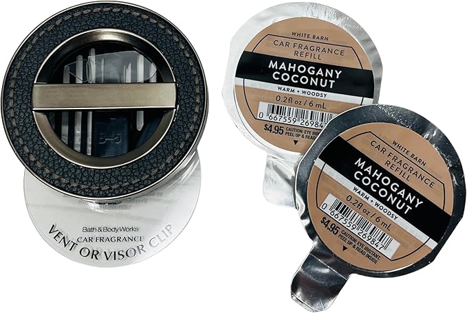 Bath and Body Works Leather Stitched Car Easy Open Fragrance Holder and Mahogany Coconut Disc Refills Set of 3