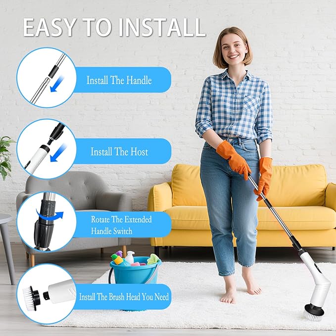 Spin Scrubber9-In-1Multifunctional Cleaning Brush with Detachable Handle9 Replaceable Brush Heads&ampLCD DisplayRechargeable Electric Spin Scrubber for BedroomBathroomKitchenCar