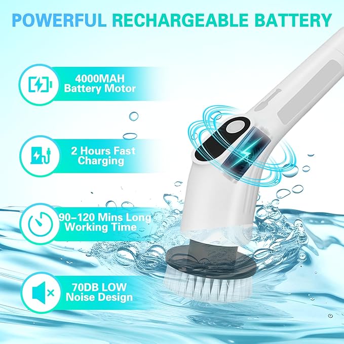 LICHIFIT Electric Spin Scrubber Waterproof Cordless Shower Cleaning Brush with Replaceable Brush Heads and Adjustable Extension Handle 2 Speeds for Bathtub Kitchen Wall Cleaning