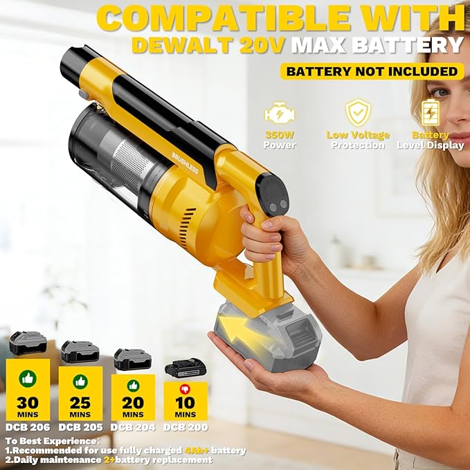 Cordless Vacuum Cleaner Compatible with DeWalt 20V Battery 8-in-1 Stick Vacuum with Pet Brush 35KPA Suction 350W Brushless Motor Smart Touchscreen for Carpet Floor Car (Battery Not Included)