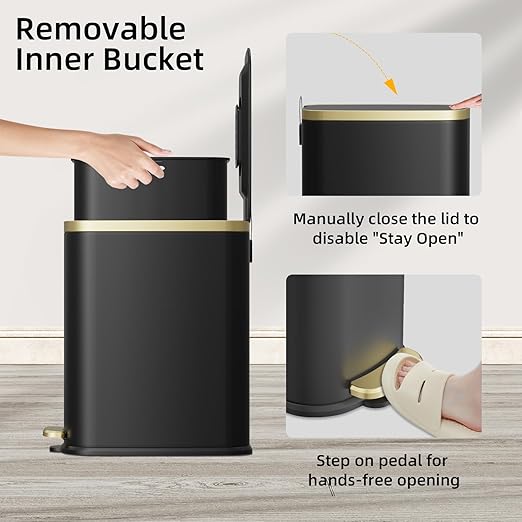 KUK Small Bathroom Trash Can with Lid Soft Close Step Pedal 2.6 Gal Stainless Steel Garbage Can with Removable Inner Bucket Anti-Fingerprint Wastebasket for Office Bedroom Toilet (Black)