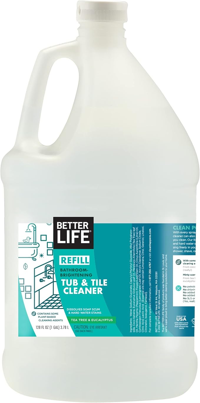 BETTER LIFE Bathroom Cleaner - Tea Tree Bathtub &amp Shower Cleaner Spray for Glass and Tile - Foaming Mold and Mildew Remover for Tub Works on Hard Water Stains - 1 Gal Refill