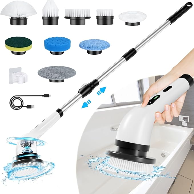 Electric Spin Scrubber Cordless Electric Scrubber for Cleaning Bathroom with Long Handle Electric Shower Scrubber Power Cleaning Brush with 9 Brush Heads for Bathtub Tile Floor Car