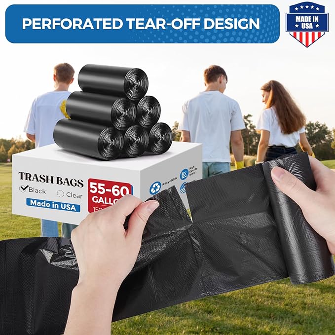 Fuxury 60 Gallon Trash Bags Medium Duty 100 Count Garbage Bags 38 x 58 Extra Large Black Trash Bags 0.9 Mil Plastic Bags for Serious Garbage Cleanup Made in USA