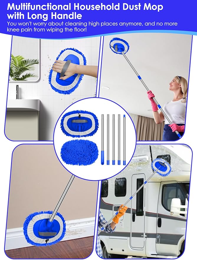 2 in 1 Lightweight Wall Cleaner Mop with Long Handle 75 190cm Lint-Free Duster Cleaning Tool 2 Replacement Microfiber Chenille Pads for Kitchen Baseboard Ceiling Floor Window Door Scrubber BrushBlue