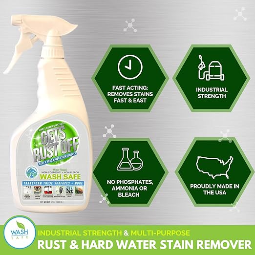 Wash Safe™ GETS RUST OFF | Non-Corrosive Non-Bleach Rust &amp Hard Water Stain Remover | Water-Based Fast-Acting Formula for Metal Concrete Tools &amp More (32 oz Spray)