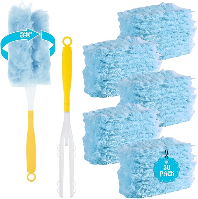 50 Count 360 Heavy Duty Duster Refills Bulk Compatible with Swiffer Dusting Refills with 1 Handle Multi Surface Disposable Dusters Refill for Cleaning (Blue)