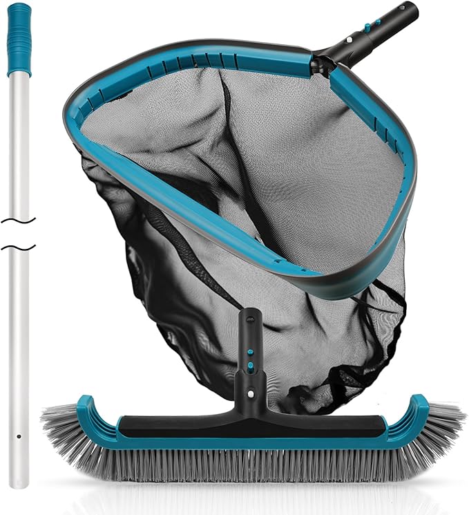 Swimming Pool Cleaning Kit - Aluminum Frame Skimmer Net with 10Ft Adjustable Pole &amp 17.5” Pool Brush Head Pools Maintenance Kits for Inground &amp Above Ground Swimming Pools Removes Debris