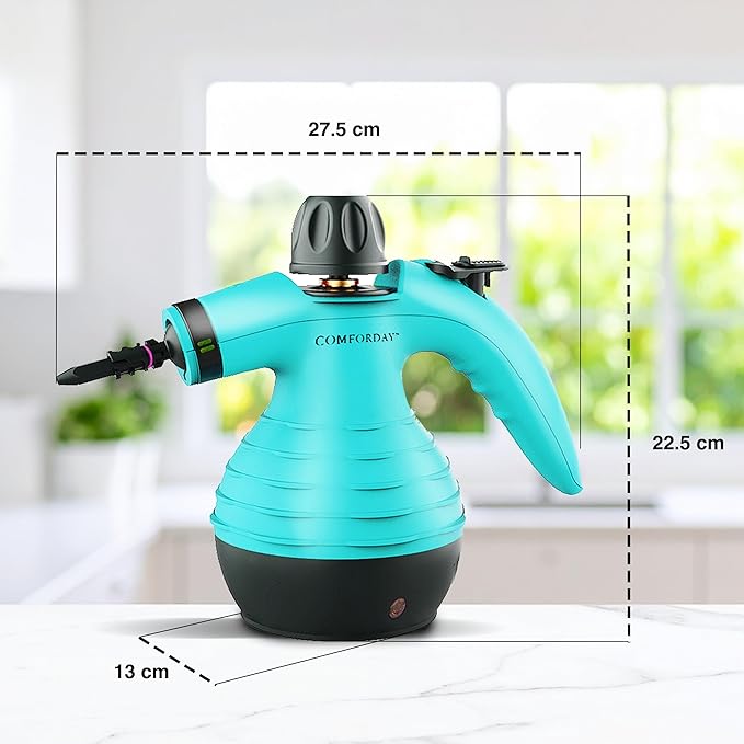 Comforday Multi-Purpose Handheld Pressurized Steam Cleaner with 9-Piece Accessories Handheld Steamer Perfect for Stain Removal Curtains Car Seats Floor Bathroom Window Cleaning (Light blue)