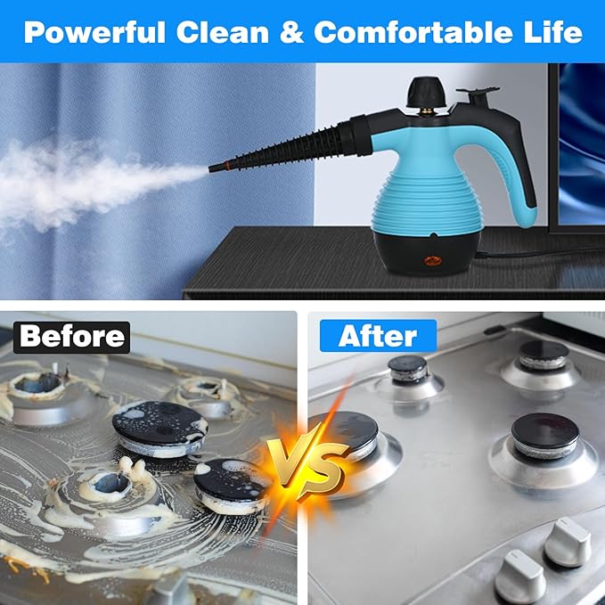 AORESAC Handheld Steam Cleaner Multi-Purpose Steamer Pressurized Electric Steam Cleaner with Safety Lock and 9 Accessory Kit for Upholstery Kitchen Bathroom Grout Tile and Floor Cleaning Blue