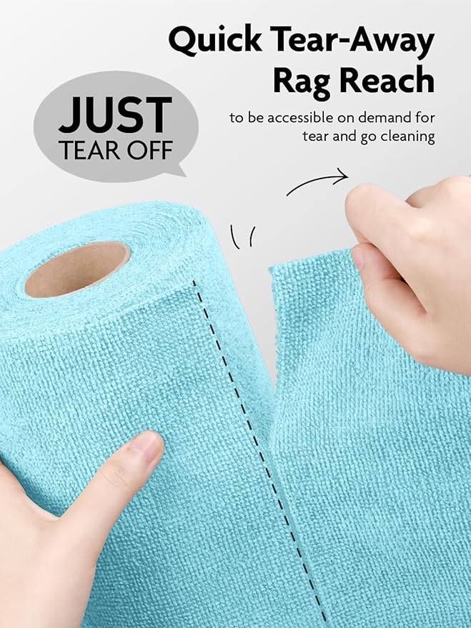 Fantasticlean Microfiber Cleaning Cloth Roll -60 Pack Tear Away Microfiber Towels 12 x 12 Reusable Washable Scratch Free Ultra Absorbent Dishcloth for All-Around Cleaning (White &amp Blue)