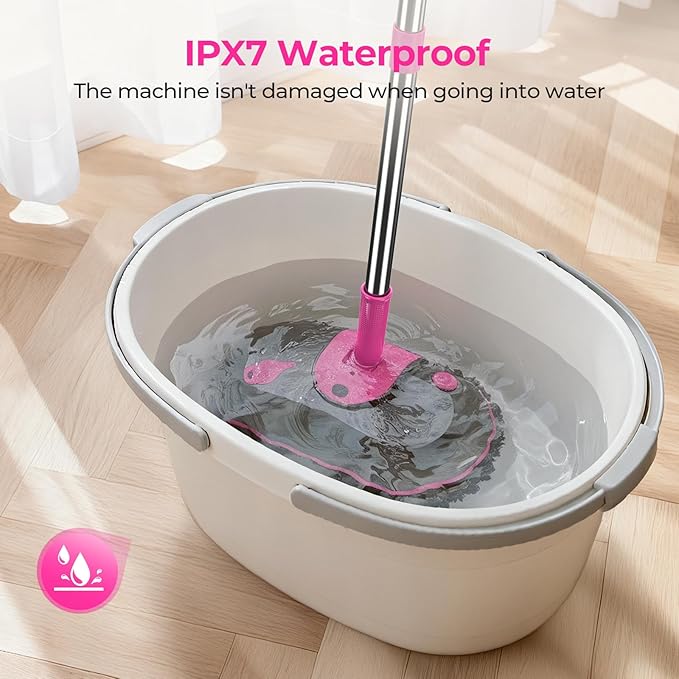 ScrubWiz Cordless Electric Spin Mop with Water Sprayer 300ml Tank Self-Propelled Floor Cleaner for Hardwood &amp Tile Quiet Cleaning Adjustable Handle 2500mAh Long-Lasting Battery Pink