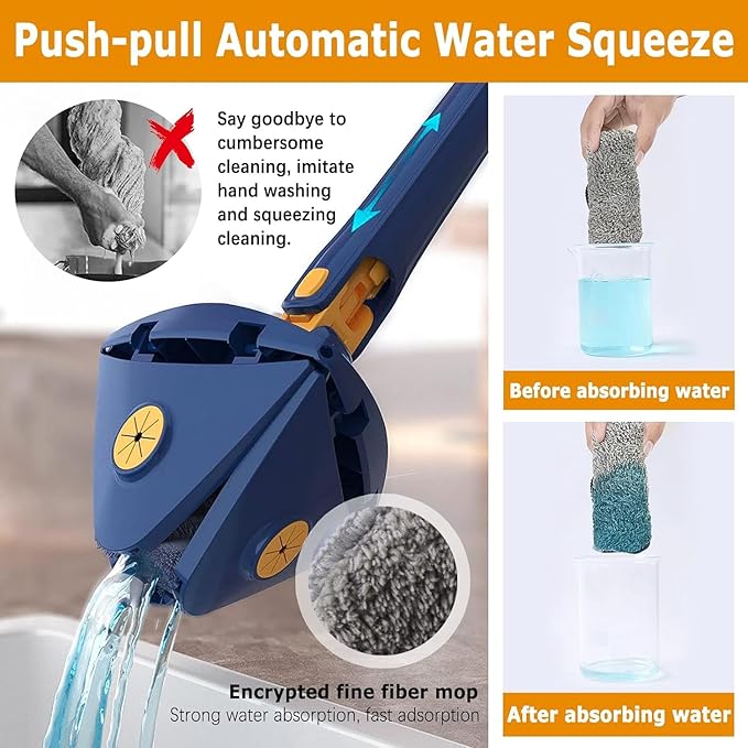 360° Adjustable Rotating Cleaning Mop Triangular Mop with Compressed Water Automatic Cleaning for Kitchen Walls Ceiling Corners (Blue + 6 Fabric)
