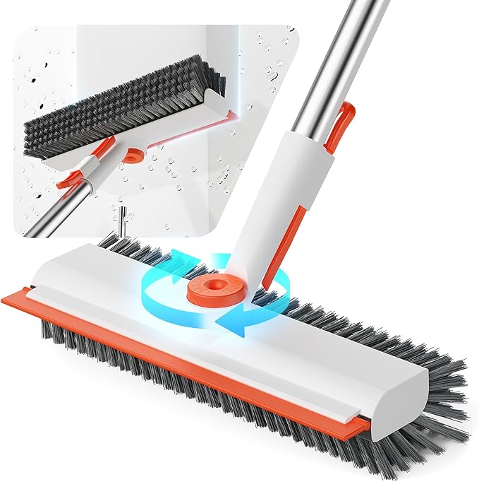 Floor Scrub Brush with Long Handle 3 in 1 Scrape and Heavy-Duty Stiff Bristle Floor Scrubber Brush with Squeegee and Tweezer for Cleaning Tile Wall Deck (Orange and White)