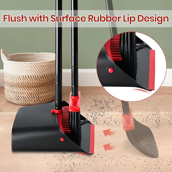 TreeLen Dust Pan and Broom/Dustpan Cleans Broom Combo with 52 Long Handle for Home Kitchen Room Office Lobby Floor Use Upright Stand Up Broom and Dustpan Set - Black/Red