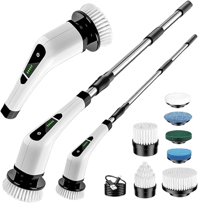 7-in-1 Electric Spin Scrubber with Long Extension Handle Cordless Cleaning Brush with 2 Speeds Power Scrubber with 7 Replaceable Brush Heads for Floor TileBathroomShower BathtubGlassCar etc.