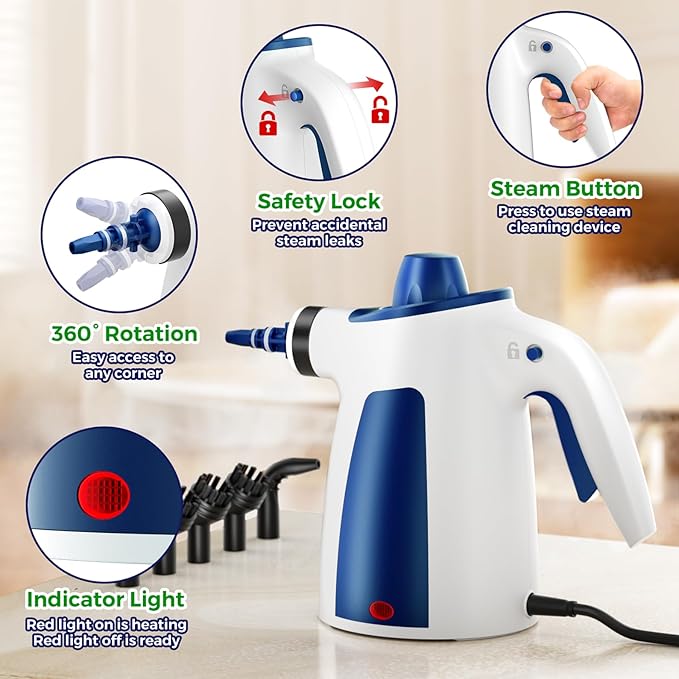 Steam Cleaner Pressurized Handheld Multi-Surface Natural Steam Cleaner with 12 PCS Accessories &amp Safety Lock 350ML Large Capacity Steamer for Car Home Upholstery Kitchen Window Grime Grea