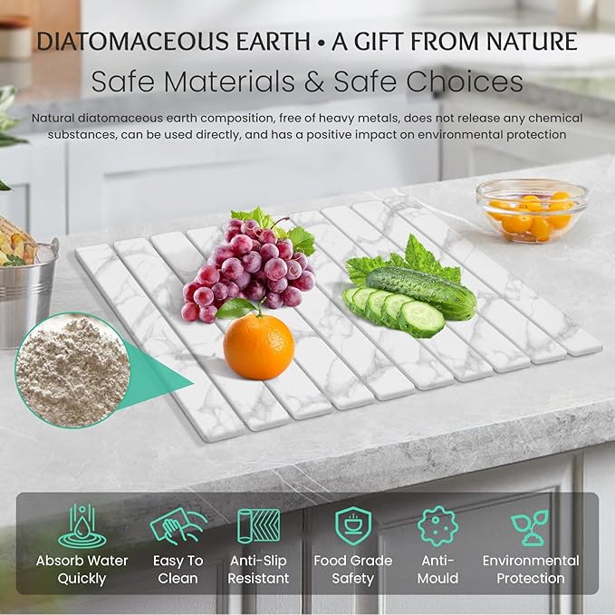 Stone Dish Drying Mat Collapsible Diatomaceous Earth Absorbent Mat Quick Dish Drying Pad Dish Rack Pad Match Any Counterto Multiple Usage for KitchenBathroom (White Marble Pattern 24L x 16W)