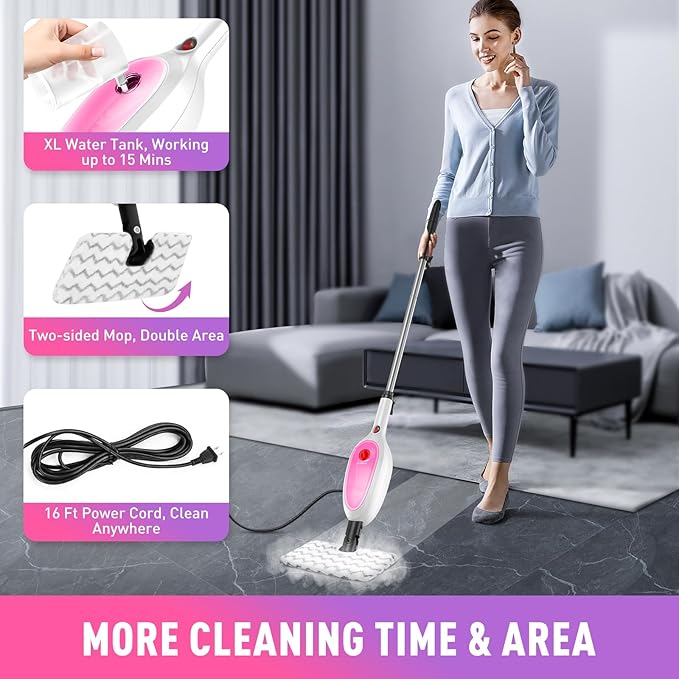 10-in-1 Multipurpose Steam Mop with Detachable Handheld CleanerMulti-Surface Use (Wood Floor/Tile/Window/Clothes/Furniture/Grout) + 2 Pack Dual-Sided Microfiber Mop Pads