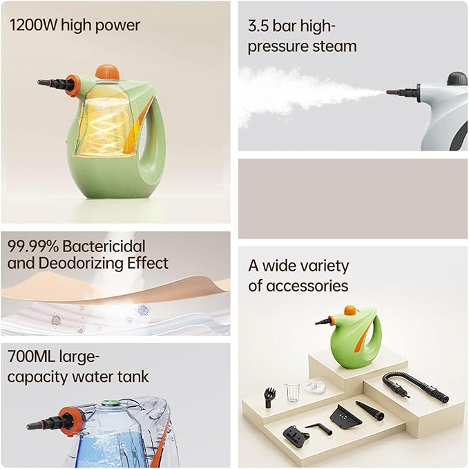 700ml Handheld High Pressure Steam Cleaner1200w High Temp Portable Steamer Machine with 7PCS Accessories for HomeCardustGreaseGroutTileCouch (Green)