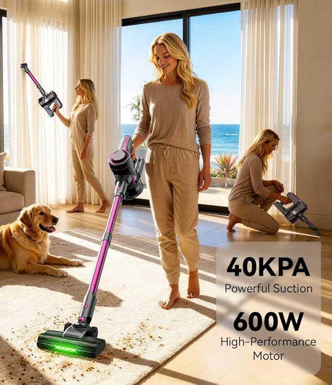 Cordless Vacuum Cleaner for Home600W 40000PA 70Mins Self-StandingPowerful Suction Anti-Tangle Long&ampPet Hair Easily Picks Up Hard/Soft Debris for All Surfaces:Hardwood FloorsTileCarpet (Purpl