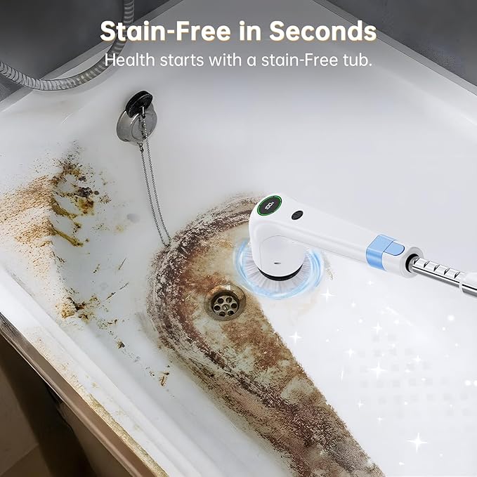 Electric Spin Scrubber Cordless Shower Scrubber with 8 Scrub Brush 2 Speed with Adjustable Extension Handle Battery Level Display Power Scrubber for Bathroom Bathtub Tile Floor White